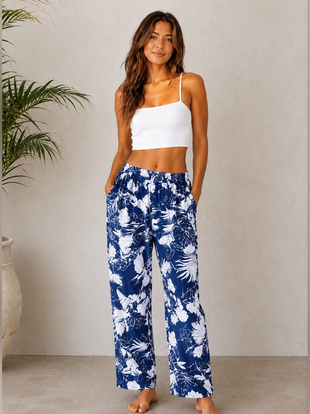 Panama Jack Navy Blue and Beige Floral Harem Pants